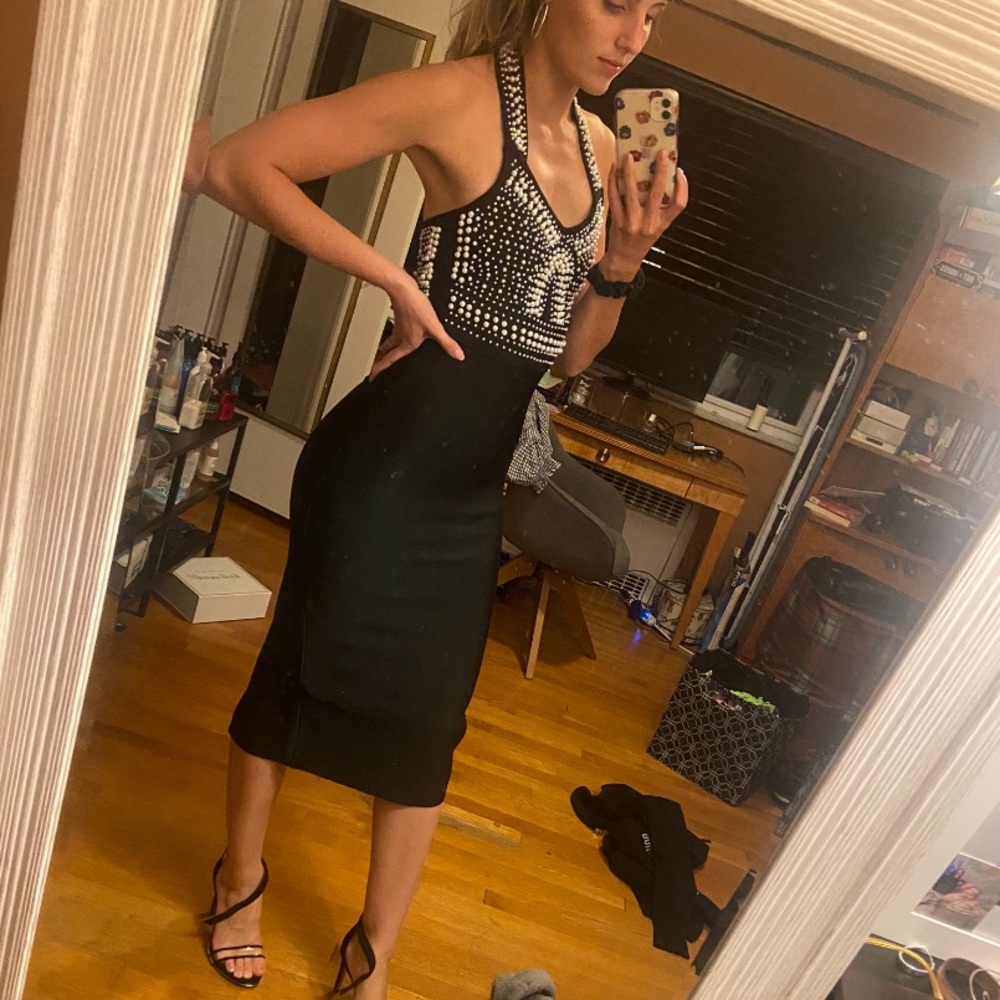 Black beaded bodycon halter dress